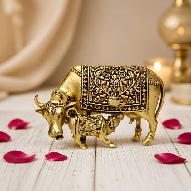 The Mahadev Metals Antique Gold Finish Metal Kamdhenu Cow and Calf Figurine for Vastu Decorative Showpiece  -  5.5 cm
