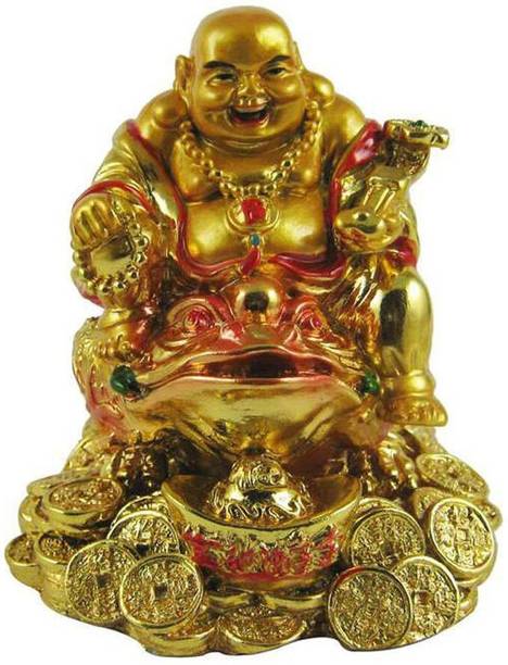 Pg Handicrafts Laughing Buudha On Money Dragon Brings Goodluck N Wealth Decorative Showpiece  -  13 cm