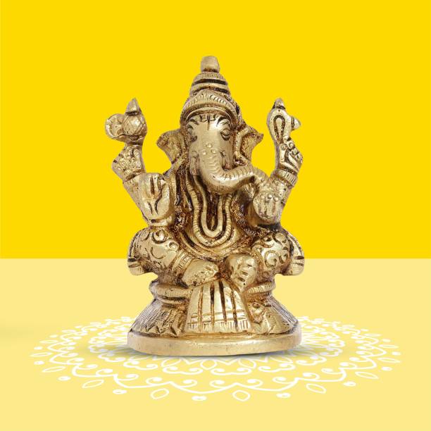 10club Lord Ganesha Idol - 1Pc 100% Pure Brass Mandir Ganesh Idol for Desk,Car Decorative Showpiece  -  7.6 cm