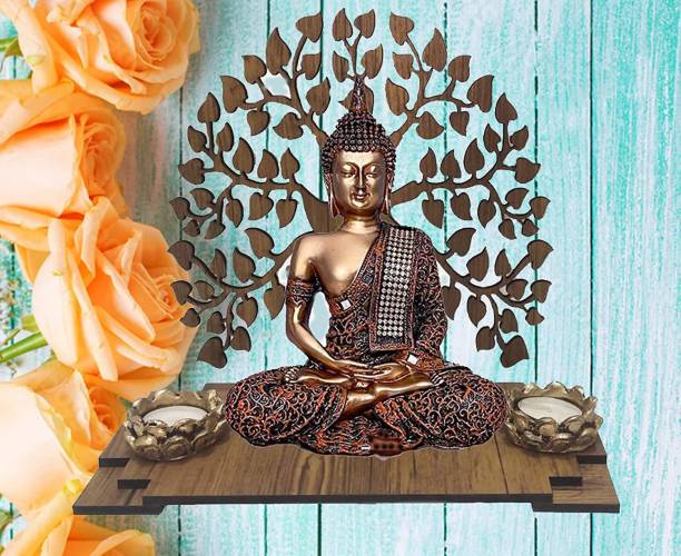 SHREE RAM IMPEX Buddha Idol Statue With Wooden Bodhi Tree and 2 Tealight Candle Holder Decorative Showpiece  -  15 cm
