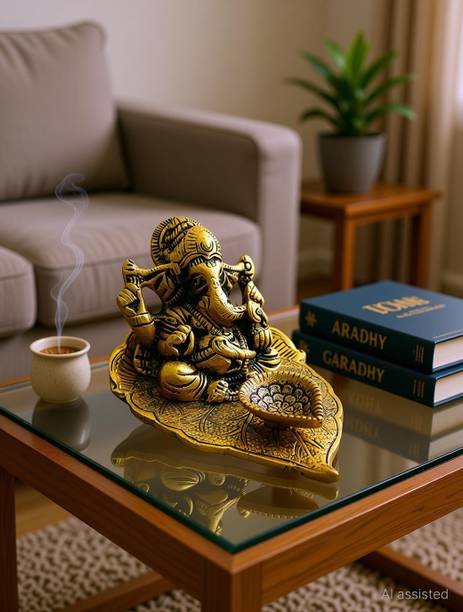 Aaradhy Creations Ganesha on Leaf / Ganesh with Diya / Ganesh Statue / Brass Ganesh Statue / Religious Idol / Lord Ganesha Metal Hand Craved for Home Decorative Gift Decorative Showpiece  -  6 cm