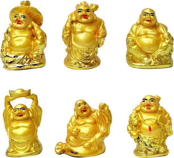 RARE ARISE Vast / Feng Shui Set of 6 Golden Laughing Buddha Idols for Car & Home Decor Decorative Showpiece  -  5 cm