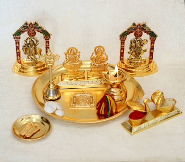 Chhariya Crafts Metal Laxmi Ganesh Pooja Thali Set For Diwali Pooja Home And Office Gift Item Aluminium