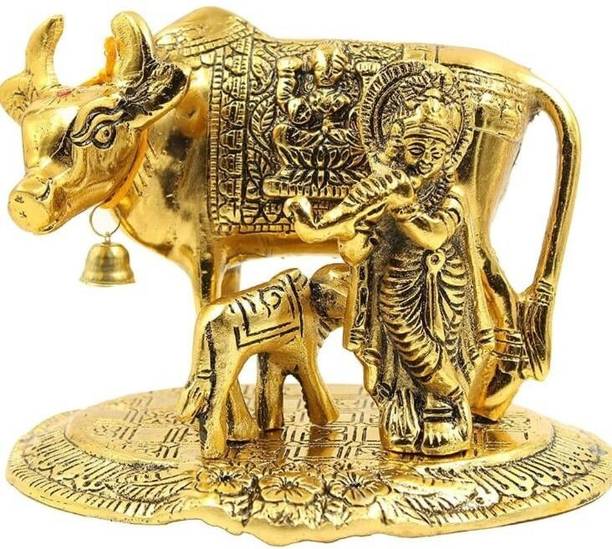 Gaurish handicraft Metal Kamdhenu Cow and Calf with Gopal Krishna Showpiece Decorative Showpiece  -  15 cm