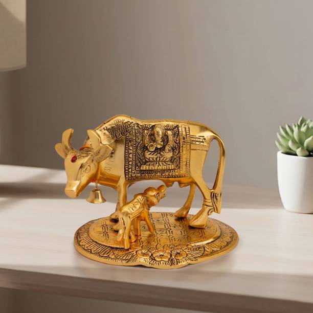 Brass Collection Kamdhenu Cow and Calf Idol | Vaastu Positive Energy Items Sacred Gau MATA | Decorative Showpiece  -  11 cm