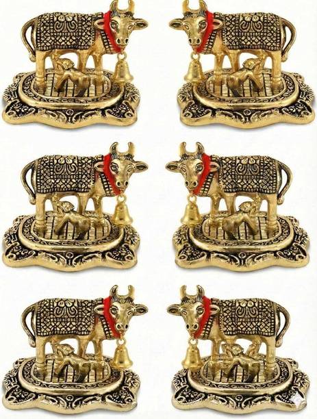 SILVERPEACOCK Gold Metal Cow Statue with Bell, 7.6 x 6.4 cm, Traditional Design,Pack of 6 Decorative Showpiece  -  10 cm