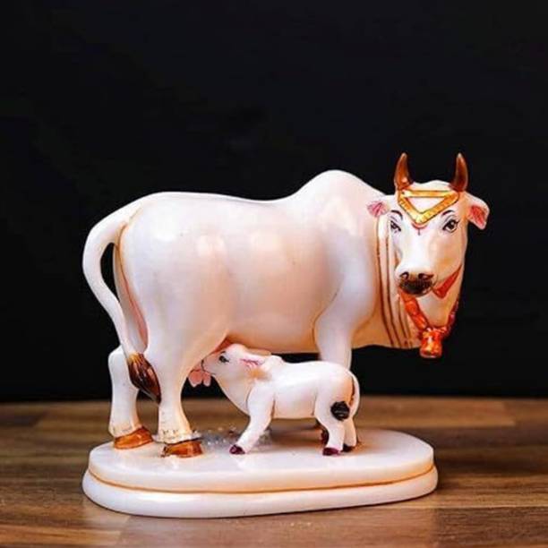 Rjkart Kamdhenu Cow with Calf decorative idol clean white finish with gold work Decorative Showpiece  -  9 cm