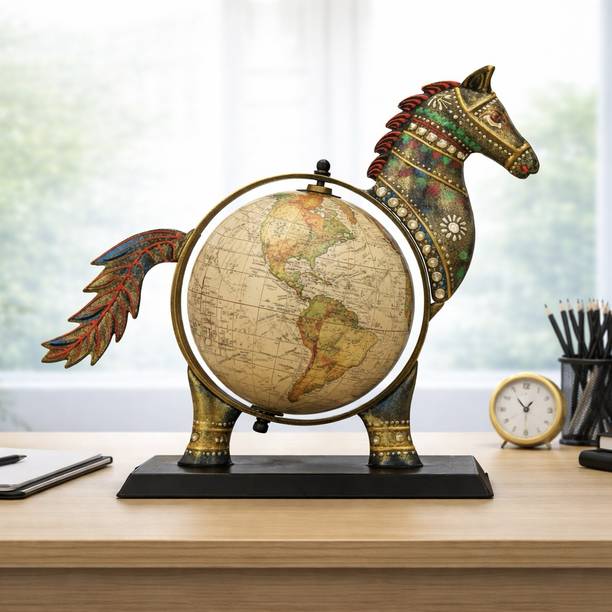 Desi Craft Decor Handcrafted Metal Horse World Globe Showpiece for Home, Table & Office Gift डेकोरेटिव शोपीस  -  28 cm
