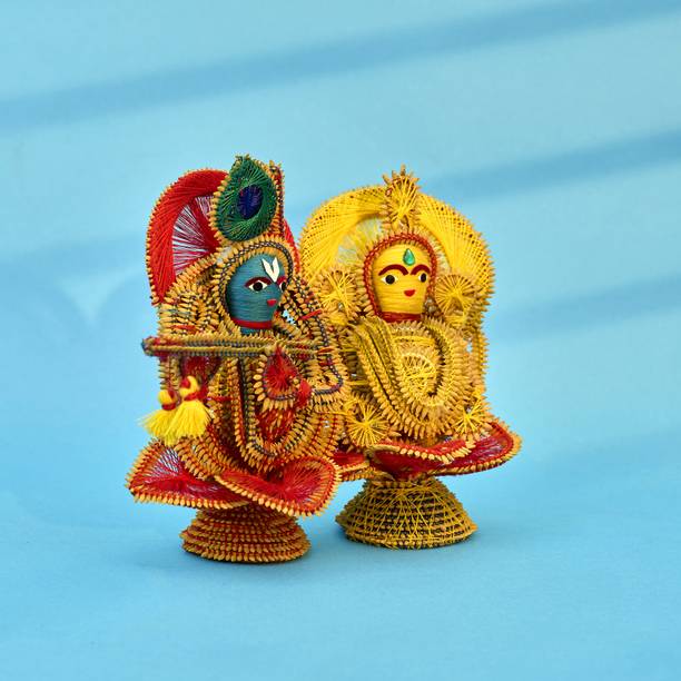 Saras Aajeevika Handcrafted Radha Krishna Paddy Idol Eco-Friendly Spiritual Home Decor Showpiece Decorative Showpiece  -  17 cm