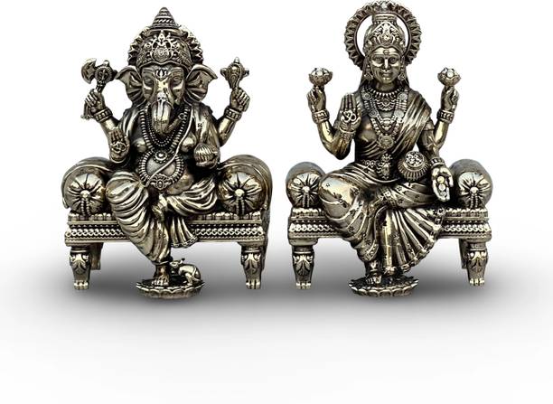 VIYURA Brass Lakshmi Ganesha Idol Set on Singhasan | 4 Inch | Murti for Pooja & Gifting Decorative Showpiece  -  10.16 cm