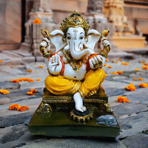 KRAAFTIQUE ARTS Lord Ganesha Sitting on Singhasan with Mouse Statue Decorative Showpiece  -  17 cm