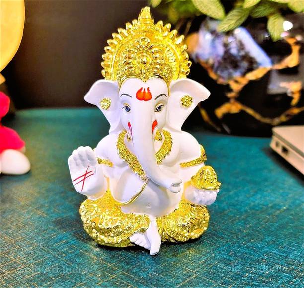 shyam lalla handicraft Ganesha Statue - 24 k Gold plated , Prosperity, Luck, Puja Decor, car dashboard Decorative Showpiece  -  9 cm