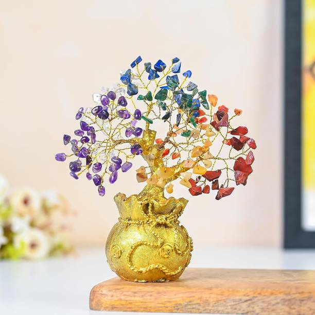 UNIQESCRYSTAL 7 Chakra Feng Shui Golden Money Bag Base Tree for Wealth,Home Decor Decorative Showpiece  -  20 cm
