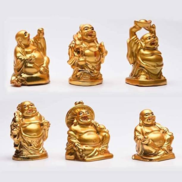 ashish collection Golden 6 pcs Laughing Buddha Feng Shui Vastu for Good Luck Positivity Decorative Showpiece  -  9 cm