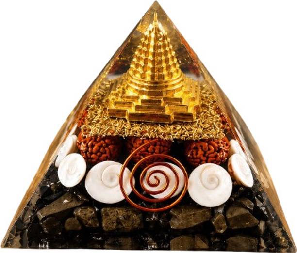Vrajcrystal Sri Yantra Orgonite Pyramid with Pyrite & Rudraksha Decorative Showpiece  -  10 cm