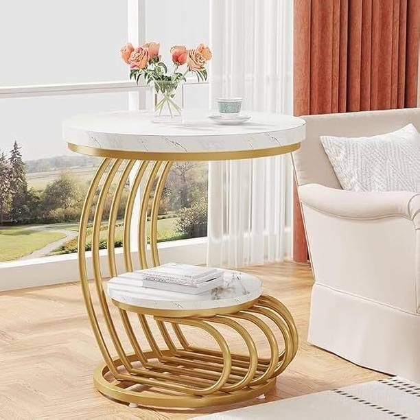 ALM SHOPPEE Round End Table – White Marble Look Top with Two Tier Design Metal Frame – Engineered Wood Coffee Table