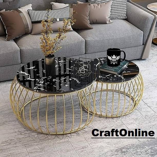 CraftOnline Round Coffee Tables Set of 2 Wood Top with Marbel Finish Metal Frame Sofa Corner Metal Side Table