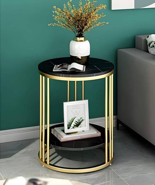 Gaxi 2-Tier Nightstand with Faux Black Marble Finish Engineered Wood Console Table