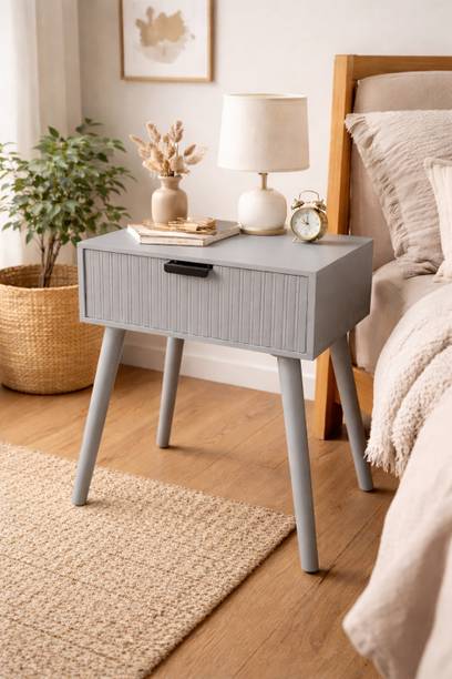 Device Bas with BROWN ART SHOPPEE Texture Drawer End Side Table with Solid Wood Legs, Bedside Table for Bedrooms Engineered Wood Bedside Table