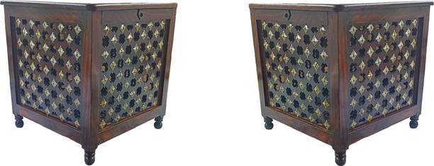 Giftoshopee Beautiful Antique Wooden Storage Table with Brass Cutting Design for Living Room Engineered Wood Bedside Table