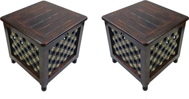 Giftoshopee Beautiful Antique Wooden Storage Table with Brass Cutting Design for Living Room Engineered Wood Bedside Table