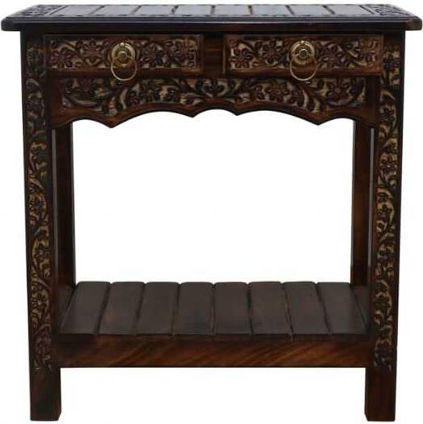 NICE CRAFTS Wooden Stool-Natural Wood Antique Look Side Table with Two Drawer Solid Wood Bedside Table