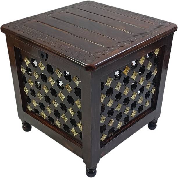Giftoshopee Beautiful Antique Wooden Storage Table with Brass Cutting Design for Living Room Engineered Wood Bedside Table