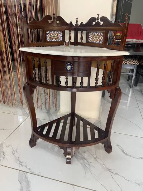QA Antique Handicraft Look Traditional Corner Console Table Solid Teak Wood with Marble Top Solid Wood Corner Table