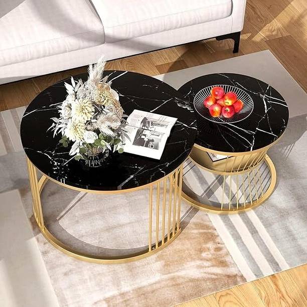 Amifullshinne Stylish Metal Base Marble Finish Laminated Top End ( Golden & White ) Metal Bedside Table
