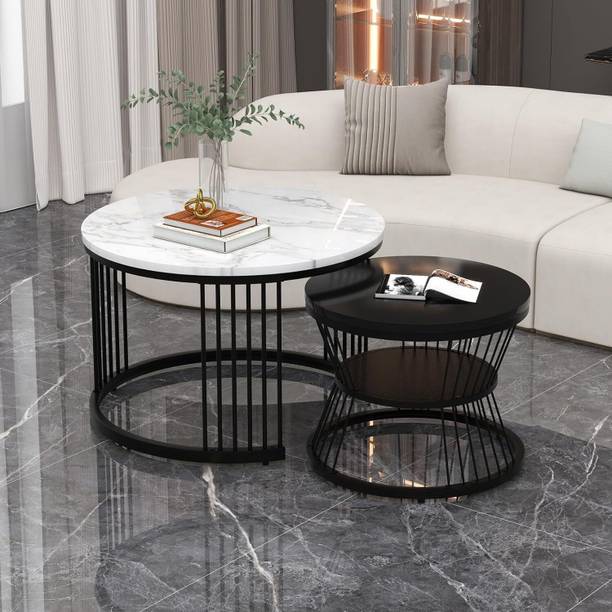 WOOD KARTINDIA Set of 2, Stylish Sofa Side Table with Marble Veneer Top and Metal Frame Metal Side Table