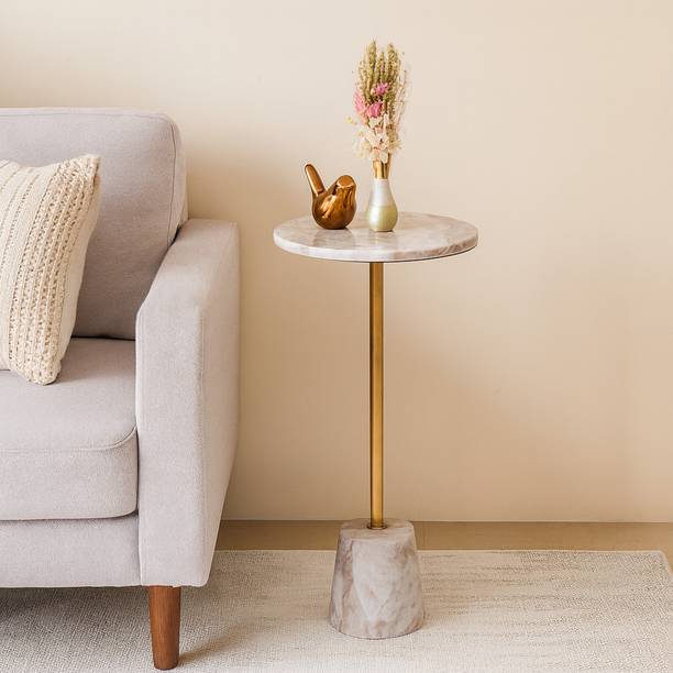 Little Extra Brown Marble Side Table with Iron Rod Metal Side Table
