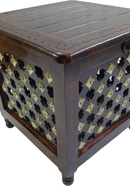 Giftoshopee Beautiful Antique Wooden Storage Table with Brass Cutting Design for Living Room Engineered Wood Bedside Table