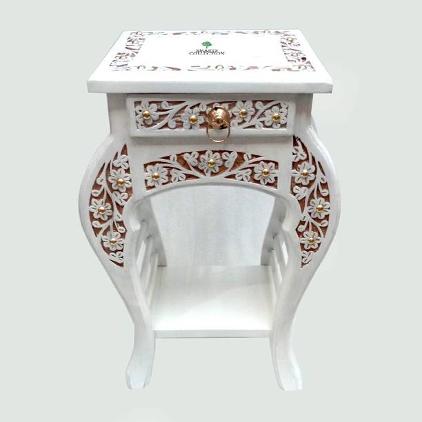 Smarts collection Antique End table; Bedside Table (Mango wood,Deco finish,White ) Solid Wood Side Table