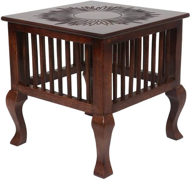 DOLPHIN DECOR DOLPHIN DECOR Wooden Square Side Table with Carved Top | Strong & Stylish-Brown Solid Wood Side Table