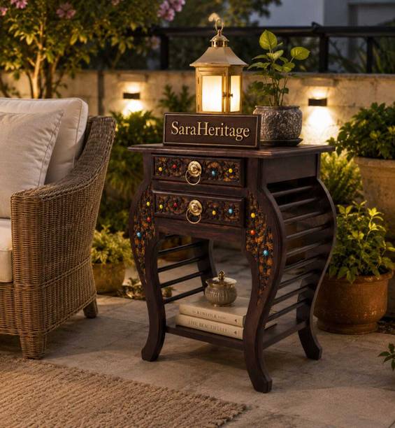 SaraHeritage ooden Stool-Natural Wood Antique BedSide Table with 2 Drawer for Living Room Solid Wood Side Table