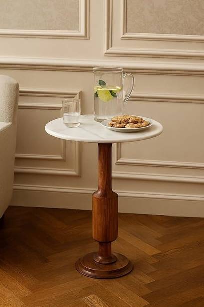 SHIVAYAS Luxury Round Wooden Side Table with Marble Top, Solid Wood Accent End Table Solid Wood Side Table