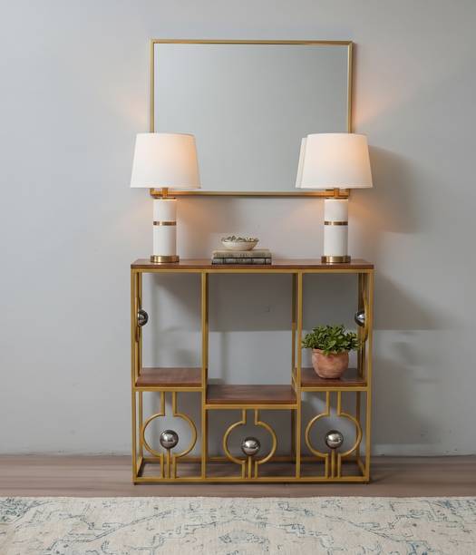 ARTROCK Modern Gold Console Table with Storage Shelves, Wooden Top Entryway Table Engineered Wood Console Table