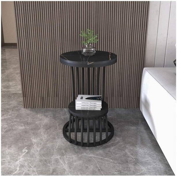 MartDecor Round Marble Top Side Table with Gold Wrought Iron Frame & Storage 16x20 Inch Engineered Wood Coffee Table