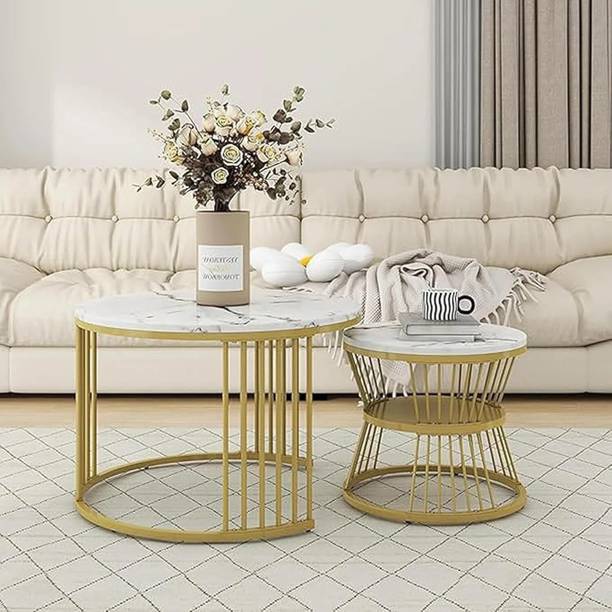 Creation Art CREATION ART Luxury Marble Top Coffee Table Set of 2 with Gold Metal Frame Metal Side Table