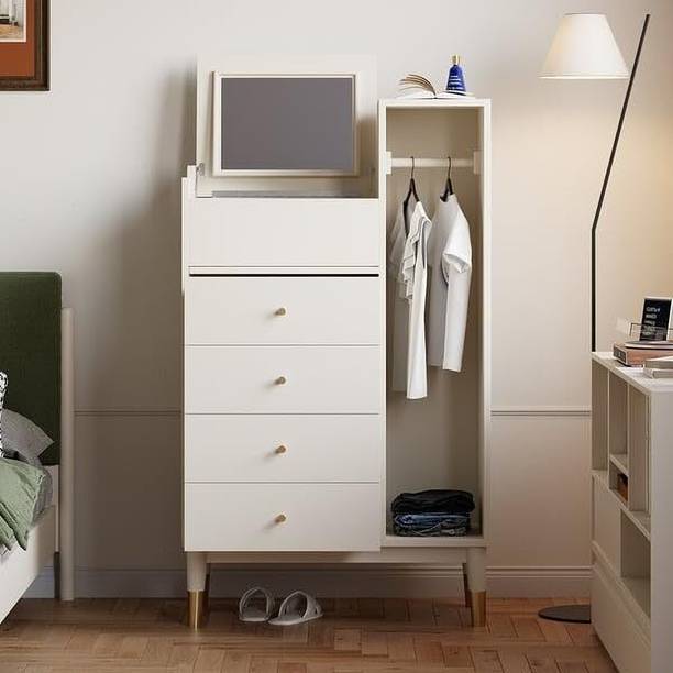 NG Decor Modern White Mirrored Dresser Chifforobe Wardrobe Closet with 4 Drawers Engineered Wood Bedside Table