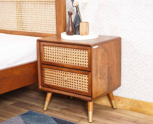 Tanishq Arts Sheesham Solid Wood Cane Bedside Table with Two Drawer for Bedroom | End Table Cane Bedside Table
