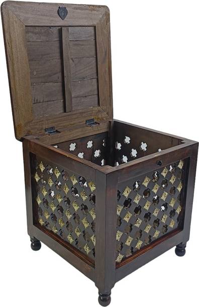 house of common Beautiful Antique Wooden Storage Table with Brass Cutting Design for Living Room Engineered Wood Bedside Table