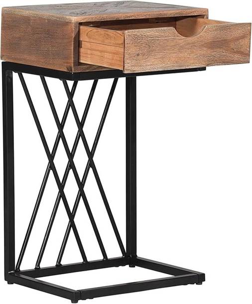 Indian Decor RW49117 Wood and Metal C-Shaped Accent Table and Drawer with Modern Design Top Metal Side Table