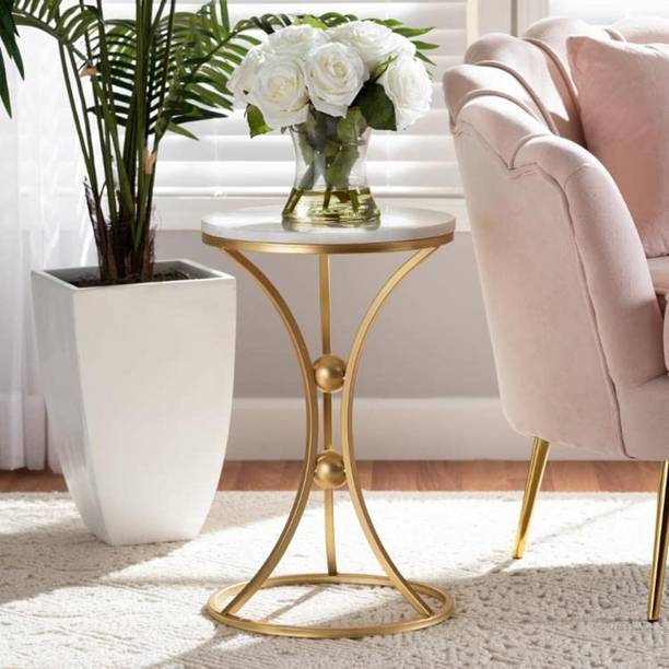 Rozy Handicrafts Rozy Handicrafts Small Round Table Bedside-White & Gold Engineered Wood Side Table
