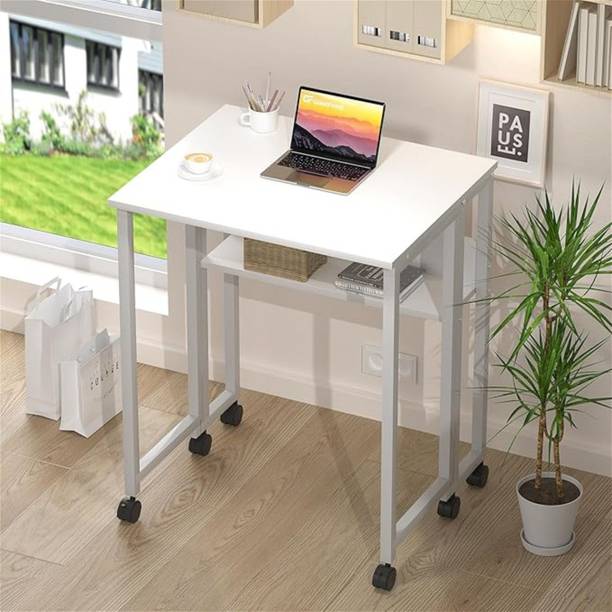 WOODIPA Folding Small Rolling Desk with Storage Shelf, 24.8 inch|Computer Desk|Wheels| Metal Side Table