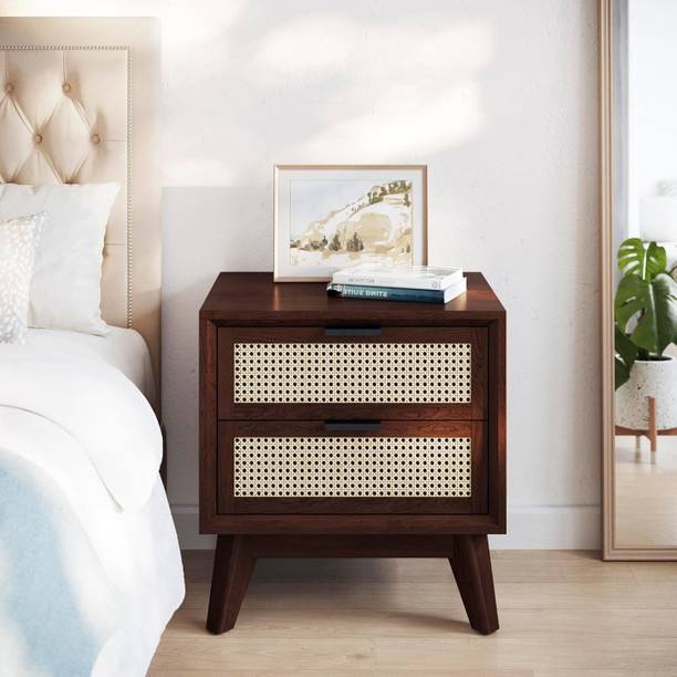 Streemcraft Solid Wood Rattan Nightstand Mid Century Modern Side Table with 2 Drawers Solid Wood Bedside Table