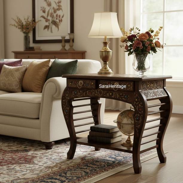 SaraHeritage Wooden Stool-Natural Wood Antique Look Side Table Engineered Wood Bedside Table