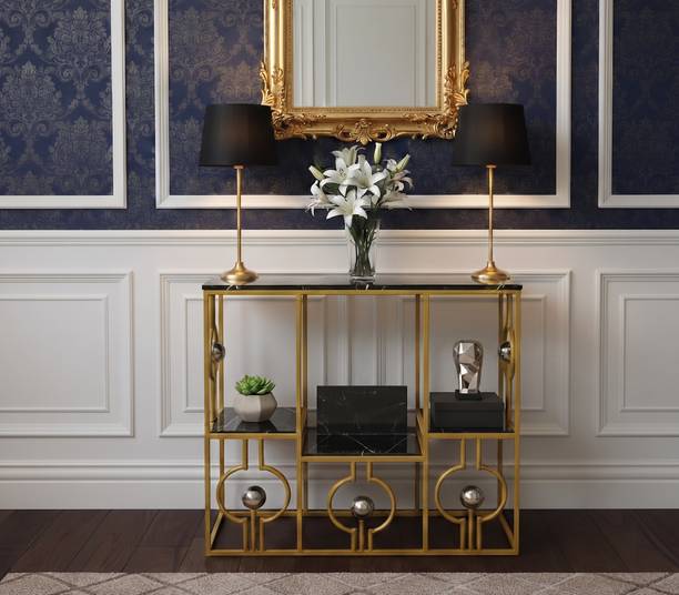 ARTROCK Modern Gold Console Table with Storage Shelves, Wooden Top Entryway Table Engineered Wood Console Table