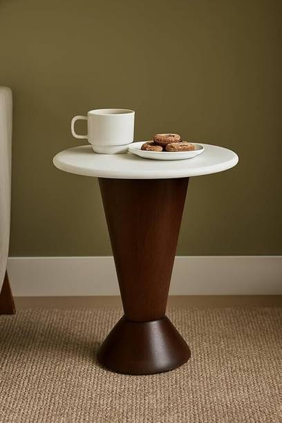 SHIVAYAS Luxury Round Wooden Side Table with Marble Top, Solid Wood Accent Table Solid Wood Side Table