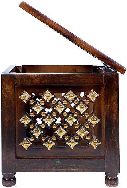 Giftoshopee Beautiful Antique Wooden Stool with Brass Solid Wood Corner Table